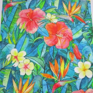 Watercolor Bird of Paradise Plumeria Hibiscus Flowers Fabric Quilt Square~ Tropical Flower Garden Green Leaves Colorful Fabric Block