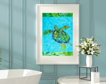 Sea Turtle Coastal Beach Art Print 8x10 11x14 Metallic or Metallic Linen Photo~ Tropical Green Blue Hawaiian Honu Batik Wall Art Print