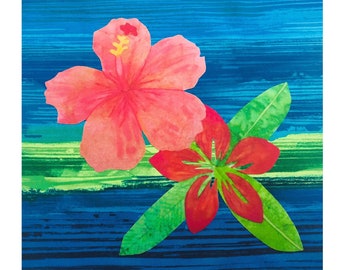 Tropical Hibiscus & Plumeria Fabric Quilt Square~ Hawaiian Flowers Fabric Panel Pink Hibiscus Coral Plumeria Green Leaves