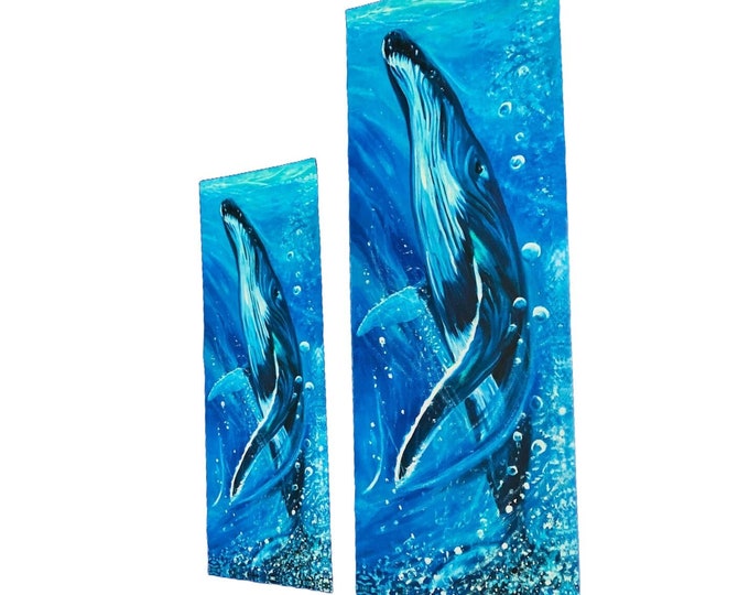 Humpback Whale Ready to Breach Fabric Quilt Panel Rectangle Ocean Bubbles Coastal Tropical Sea Life Royal Blue Navy Aqua