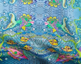 Fantasy FISH Ocean Fabric By The Yard Tropical Under The Sea Girls Water Bubbles Whimsical Waves