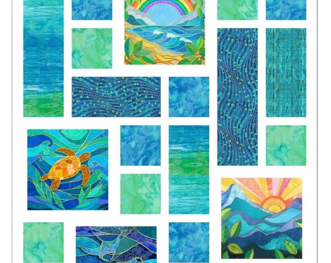 Stained Glass Beach Tiles Baby Quilt Kit Tropical Wall Hanging Throw 37" x 49"~ Rainbow Manta Rays Sea Turtle~ Blue Green Fabric, Pattern