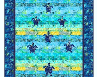 Turtle Hatchlings Swimming Out to Sea Digital Quilt Pattern .PDF Download Ocean Pieced Fusible Applique Techniques~ 51" x 72" Lap Size