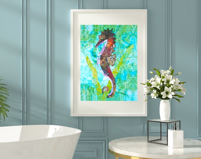 Seahorse Aqua Ocean Coastal Beach Art Print 8x10 16x20 Metallic or Metallic Linen Photo~ Tropical Seahorse Hawaii Batik Wall Art Print