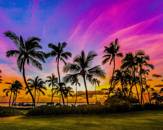Hawaiian Sunset Beach Palm Trees Rainbow Colors Fabric Quilt Square ~ Olina Oahu Hawaii Beach Sunset Fabric Square Panel