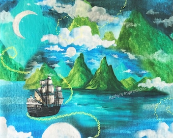 Tropical Islands Watercolor Fabric Quilt Square~ Hawaii Bali Hai Tahiti Caribbean Fabric Panel~ Ocean Mountains Peter Pan Pirate Ship Fabric