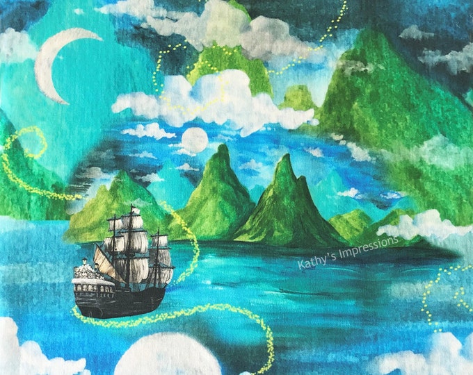 SALE Tropical Islands Watercolor Fabric Quilt Square Hawaii Bali Hai Tahiti Caribbean Panel Ocean Mountains Peter Pan Pirate Ship