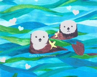 Watercolor Sea Otter Starfish Fabric Quilt Block Square Tropical Ocean Otters Panel