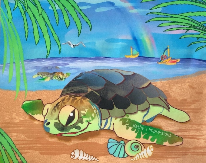 Sea Turtle Beach Fabric Quilt Square ~ Sea Turtle Shells Rainbow Sailboat Palm Trees Ocean Sandy Beach Fabric Panel Kids Girls Boys