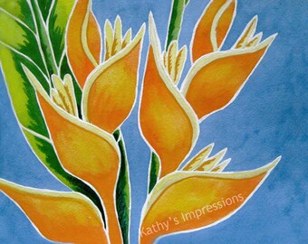 Tropical HELICONIA Flowers Fabric Quilt Square Paradise Orange Lobster Claw Hawaii Floral Panel