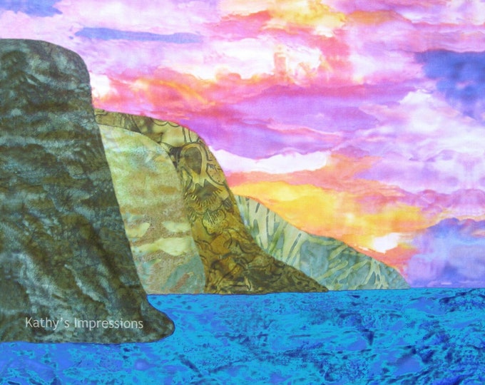 SALE Na Pali Watercolor Sunset Fabric Quilt Square ~ Tropical Beach Kauai Hawaii Fabric Panel Coastal Landscape Sunset