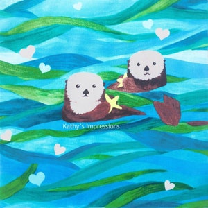 Watercolor Sea Otter Starfish Fabric Quilt Square ~ Tropical Ocean Otters Under the Sea Life Fabric Panel