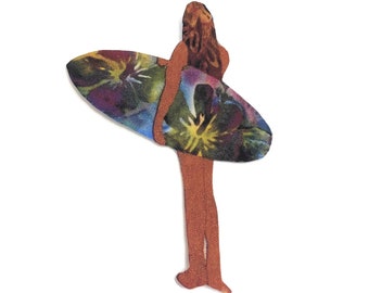 SURFER GIRL Tropical Flowers Surfboard Batik Fabric Applique with Wonder Under Fusing - 5.25" x 7.15"