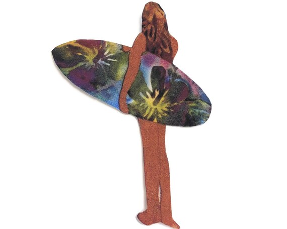 SURFER GIRL Tropical Flowers Surfboard Batik Fabric Applique with Wonder Under Fusing - 5.25" x 7.15"