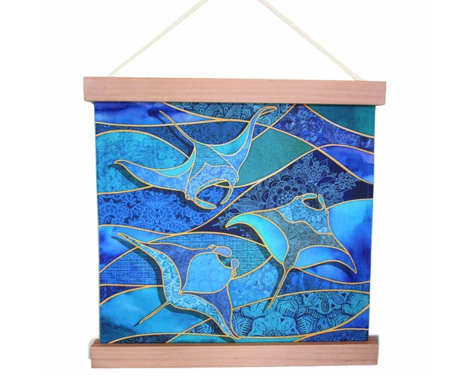 MANTA RAYS Ocean Waves Beach Fabric Wall Hanging Wood Frame Hanger ~ Manta Rays Watercolor Stained Glass Look Fabric Wall Hanging