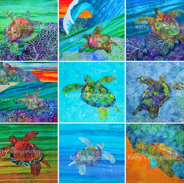 SEA TURTLE Fabric Panel Wholecloth Quilt Top Ocean Beach Uncut Square Set Blocks