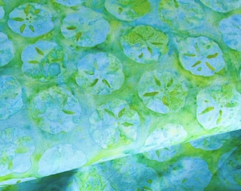 Sand Dollar Beach Ocean Blue Lime Green Fabric By The Yard Island Batik Hand-Dyed Cotton Coastal Projects Quilting Sewing Material