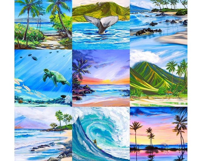 Hawaii Beach Paradise Fabric Quilt Square Set or Wholecloth Panel Tropical Sunset Sea Turtle Whale Palm Trees Diane Appler