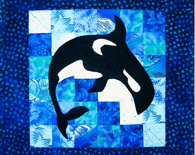 Orca Whale Jumping for Joy Digital Quilt Pattern .PDF Download Ocean Pieced Blocks and Fusible Applique Techniques~  13" x 13"