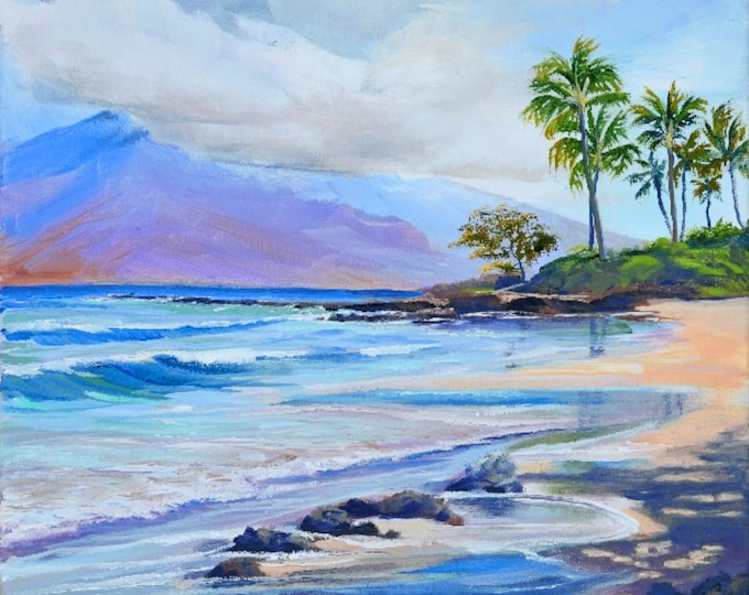 Polo Beach Morning Wailea Maui Fabric Quilt Square Panel Hawaiian Paradise Palm Trees Ocean