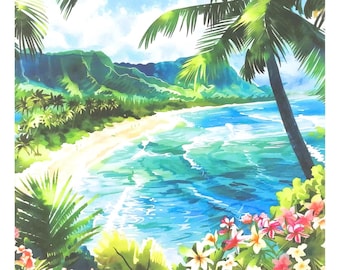 Tropical Beach Dreams Cotton Fabric Quilt Square Panel Turquoise Ocean Mountains Palm Trees Flowers Hawaii Paradise