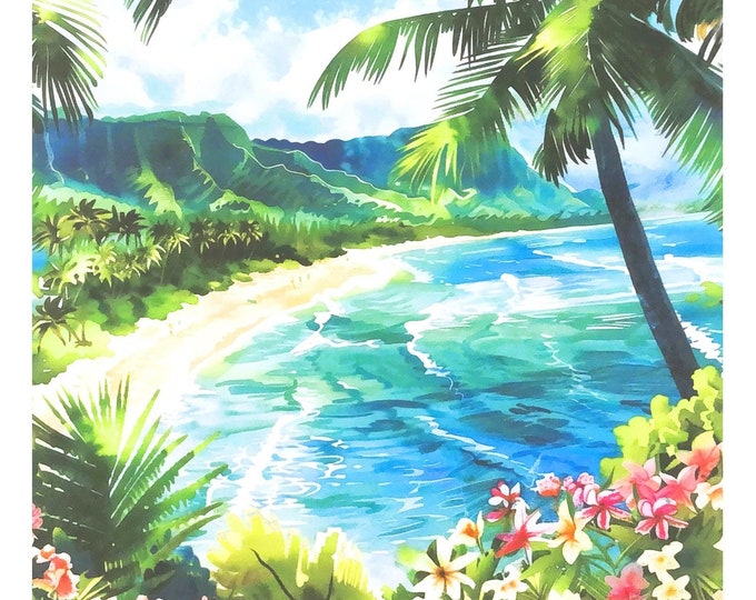Tropical Beach Dreams Cotton Fabric Quilt Square Panel Turquoise Ocean Mountains Palm Trees Flowers Hawaii Paradise