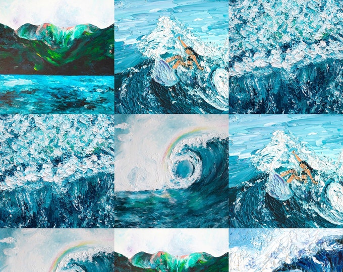 Surfer Girl WAVES Surf's Up Wholecloth Fabric Panel Cheater Quilt Top Tropical Beach Ocean Wave Sea Foam Coastal Surfing