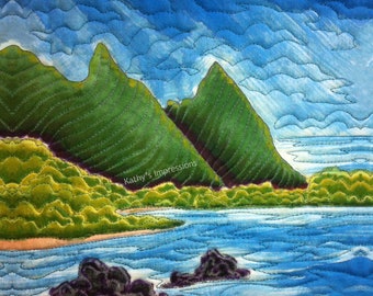 Bali Hai Beach Fabric Quilt Square Hawaii Tropical Paradise Coastal Kauai Panel Blue Sky Mountains Lava Rocks