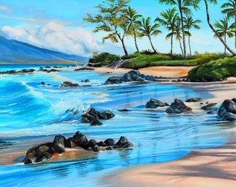 Idyllic Hawaiian Beach Maui Fabric Quilt Square Panel Keawakapu Morning Kihei Wailea Palm Trees Ocean Lava Rocks