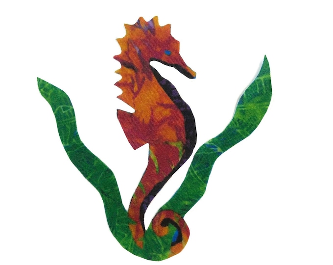 TROPICAL SEAHORSE Batiks  5.87" x 5.75"  Fabric Applique ~ No Sew with Heavy Duty Wonder Under Fusing