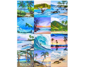 Hawaii Beach Paradise Fabric Quilt Square Set or Wholecloth Panel Tropical Sunset Sea Turtle Whale Palm Trees Diane Appler