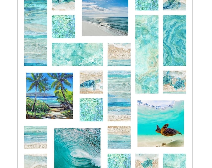Beach Tiles Quilt Kit Modern Tropical Throw Wall Hanging or Baby 37" x 49"~ Palm Trees Ocean Wave Water Sea Turtle~ Fabric and Pattern