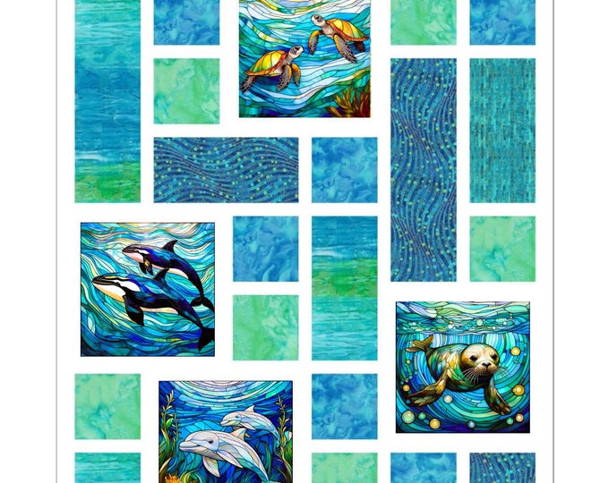 Stained Glass Beach Tiles Quilt Kit Fabric Pattern Tropical Wall Hanging Throw Baby 37" x 49"~ Choice Turtles Whales Dolphins Seal Penguins