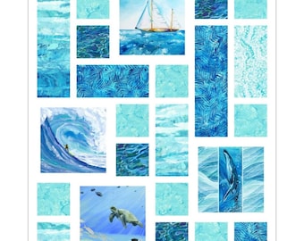 Seaside Tiles Quilt Kit Modern Tropical Throw Wall Hanging or Baby 37" x 49"~ Sailboat Surfer Turtle Whale ~ 10.5" Squares, Fabric, Pattern