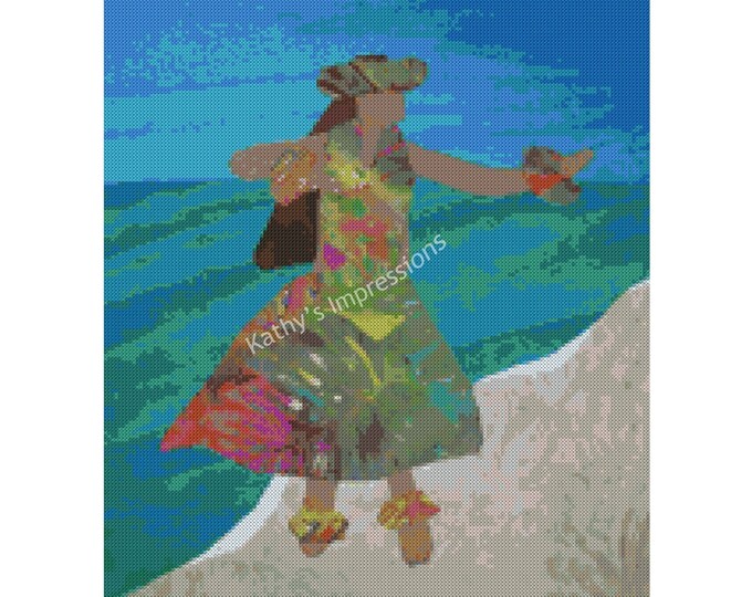 Cross Stitch Pattern Hawaiian HULA DANCER Dancing on Beach by Ocean~ Digital PDF Instant File to Download and Print