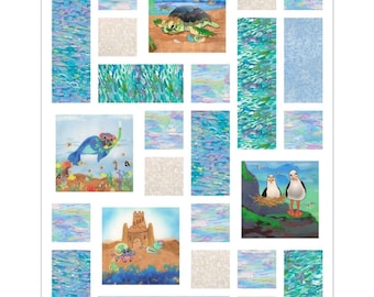 Kids Beach Tiles Quilt Kit Modern Tropical Baby Toddler Girls Boys 37" x 49"~ Sea Turtle Seal Sandcastle Seagulls~ Fabric, Pattern