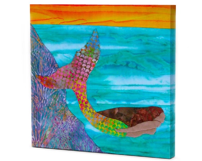 Tropical Mermaid Canvas Gallery Wrap Wall Art Colorful Aqua Blue Ocean Water Sunset Hawaii~  20" x 20"