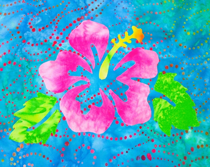 SALE Watercolor Pink Hibiscus Flower Blue Green Tropical Hawaiian Fabric Quilt Square Block