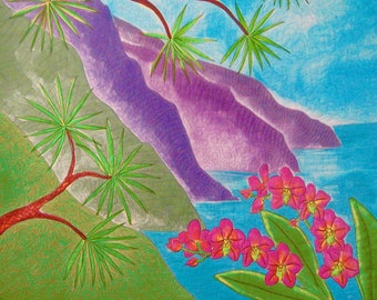 HAWAIIAN COAST Orchids Fabric Quilt Square Panel Purple Mountains Na Pali Dream Turquoise Sky Ocean Water