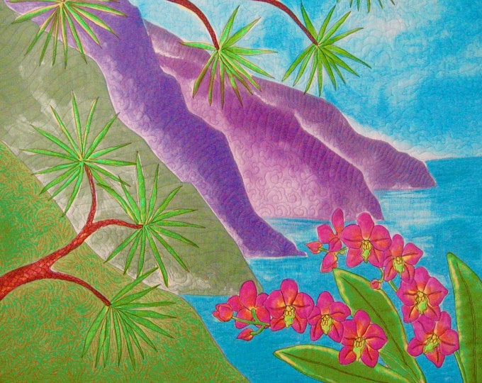 HAWAIIAN COAST Orchids Fabric Quilt Square Panel Purple Mountains Na Pali Dream Turquoise Sky Ocean Water
