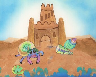 Beach Sandcastle Colorful Sea Shells Crab Fabric Quilt Square Sand Castle Ocean Panel Block Kids Girls Boys