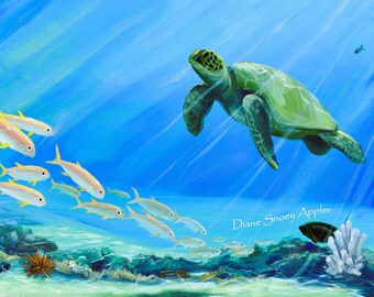 Underwater Ocean Reef Honu Sea Turtle Tropical Fish Fabric Quilt Square Panel Snorkeling Paradise