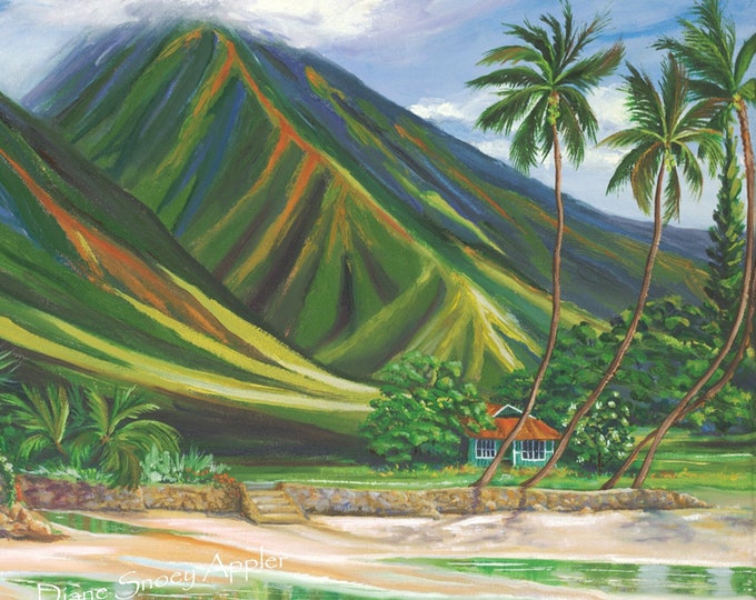 Lahaina Maui Green Mountains Palm Trees Beach House Fabric Quilt Square Panel Hawaii Seaside Home Hawaiian Paradise