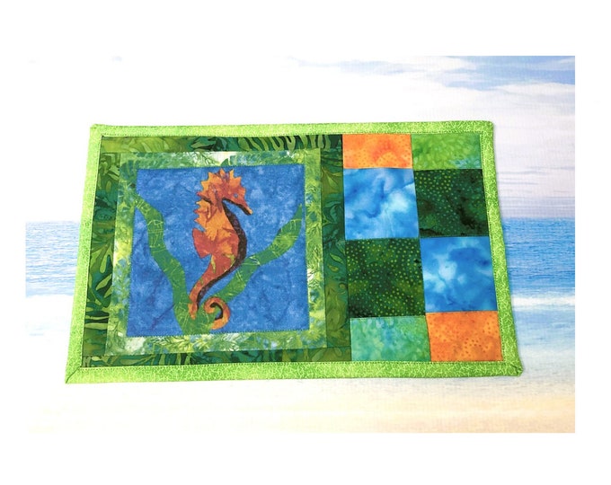 Tropical Seahorse in Ocean Quilted Batik Mug Rug~ Colorful Seahorse Sea Grass Coastal Beach Fabric Snack Mat Coaster Mug Rug