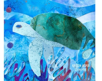 Sea Turtle Fabric Quilt Panel Tropical Reef Ocean Water Coastal Green Blue~ Number 1 in ALCOHOL INK Collection