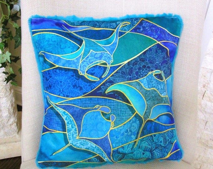 Manta Rays Pillow Cover Under the Sea Rays Tropical Beach Ocean Coastal Green Blue Velvet Minky ~ Fits 17" Insert