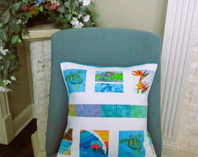 Tropical Beach Quilted Pillow Cover Coastal Ocean Wave Turtle Flowers~ Fits 18" Insert