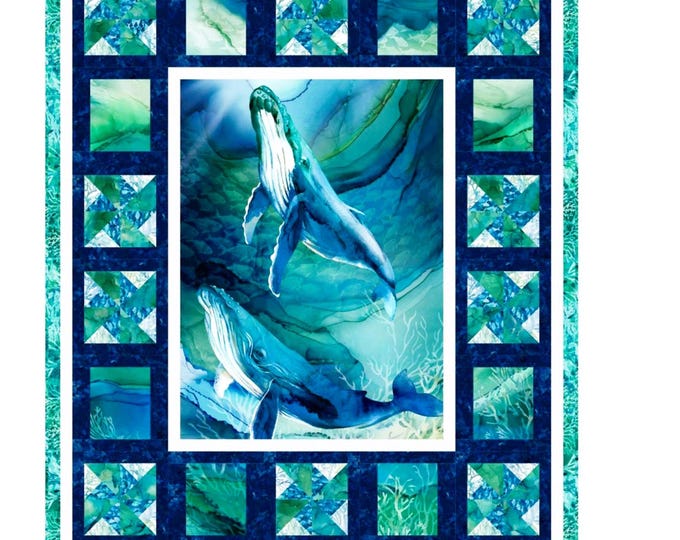 Humpback Whales Quilt Kit Northcott Fabric and Twisted Deep Blue Pattern Ocean Fish Coral Reef Adult Lap Throw Kids Baby ~ 44" x 52"