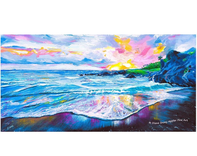 Maui Watercolor Reflections Ocean Sunrise Hawaii Black Sand Beach Road to Hana Fabric Quilt Panel ~ Full Design
