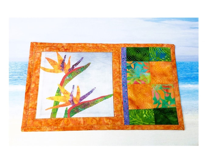 Tropical Bird of Paradise Flowers Quilted Batik Mug Rug~ Floral Tropical Hawaiian Orange Green Fabric Snack Mat Coaster Mug Rug